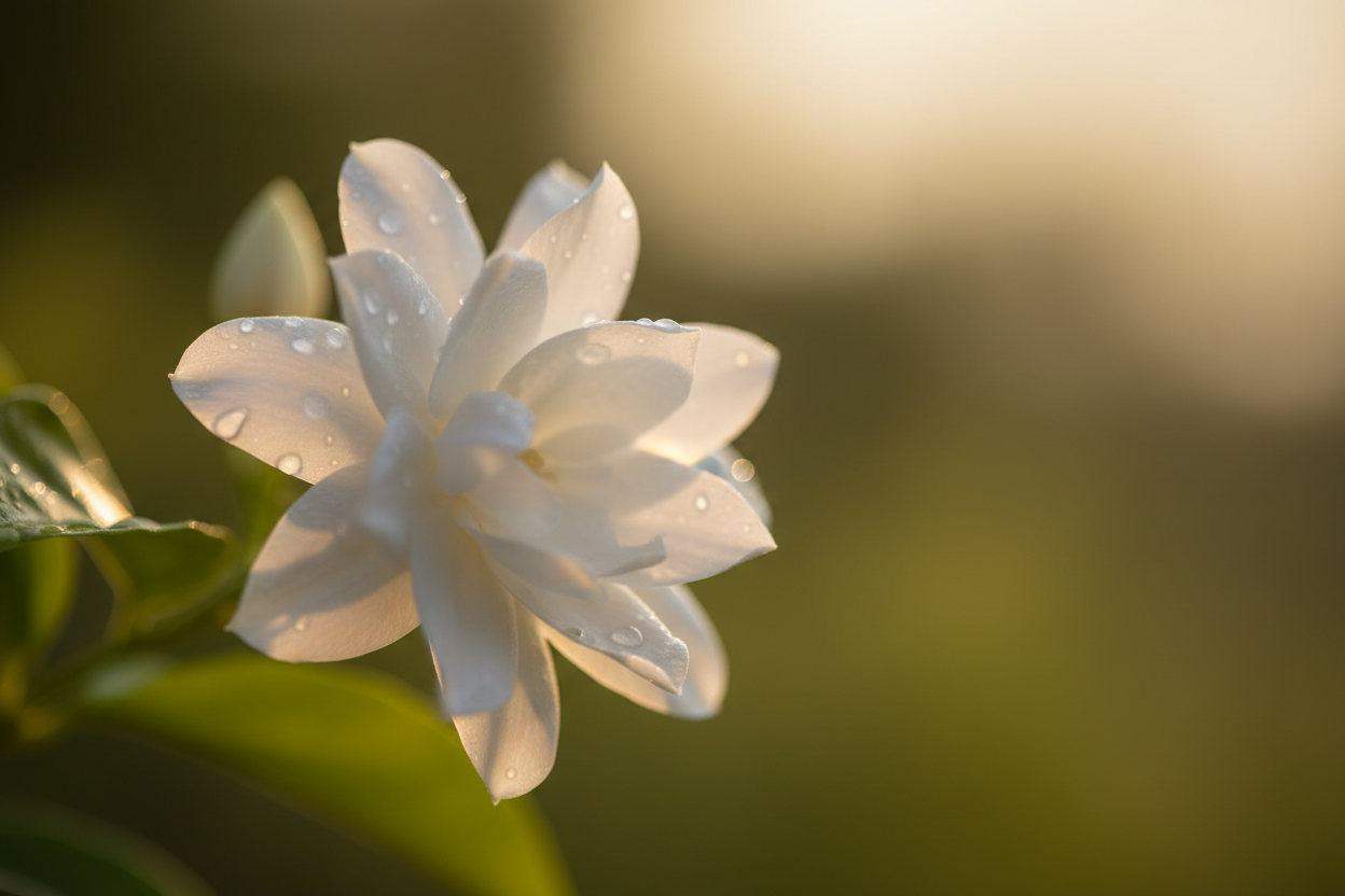 Frischer Jasmin der einen einlädt und Wärme ausstrahlt, es soll die Blüte sein aber nicht zu voll. Es soll ästhetisch und schön aussehen. Überragend und anziehend zu gleich. Überrasch mich 